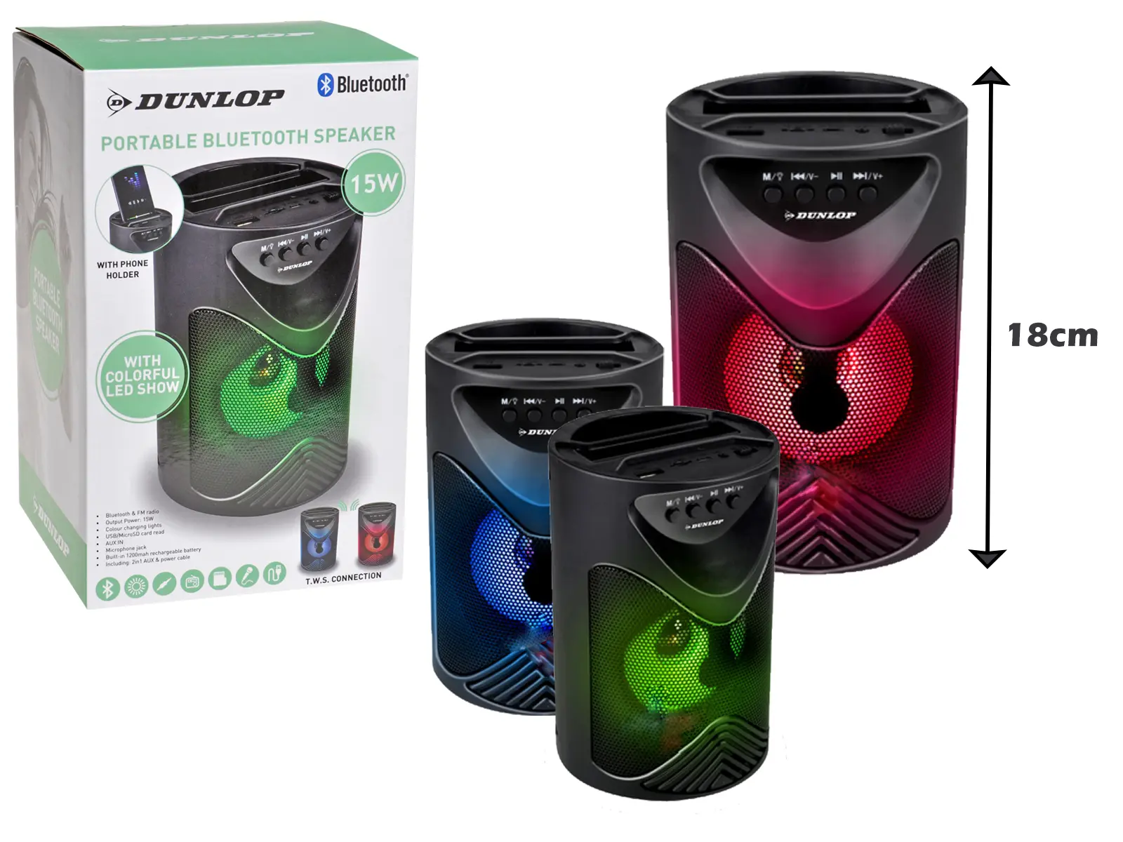 DUNLOP Musikbox Bluetooth 15W, LED, FM-Radio