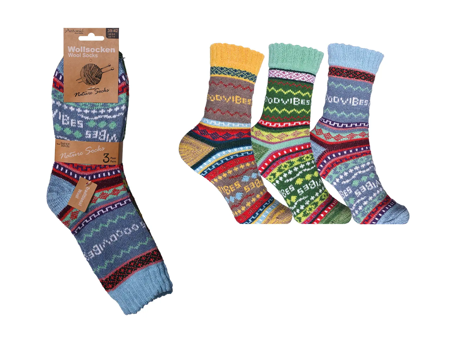 Wollsocken Damen Zick Zack 3er Pack Gr. 35-42