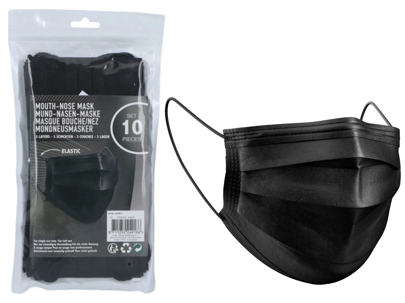 Einweg Gesichtsmaske ,3-lagig, schwarz, 10er-Pack